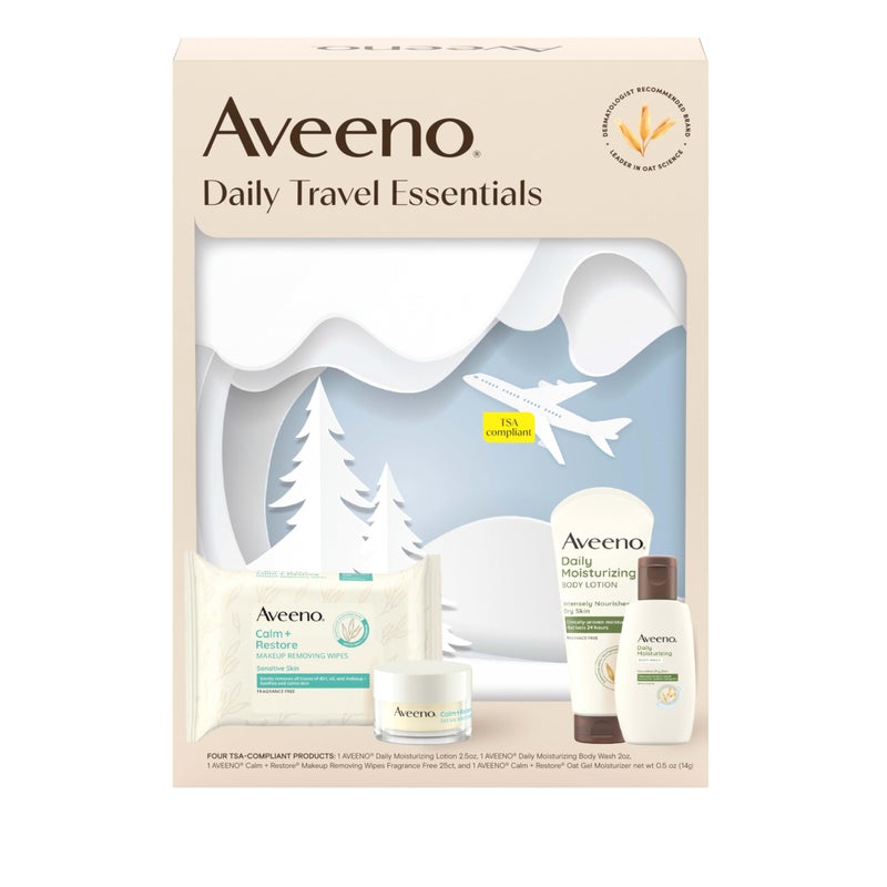 Aveeno Daily Travel Essentials Gift Set with Daily Moisturizing Lotion Daily Moisturizing Body Wash Calm  Restore Makeup Removing Wipes  Calm  Restore Oat Gel Moisturizer 4 items